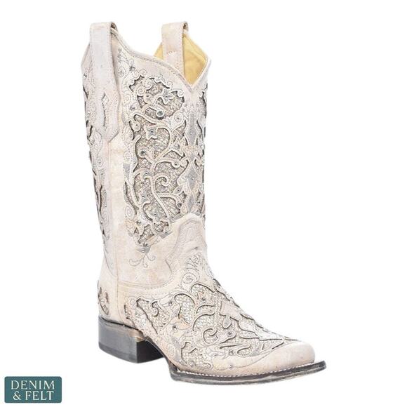 Corral Shoes - Corral A3397 White Glittered Inlay Crystals Wedding Cowboy Western Boots 6.5 M